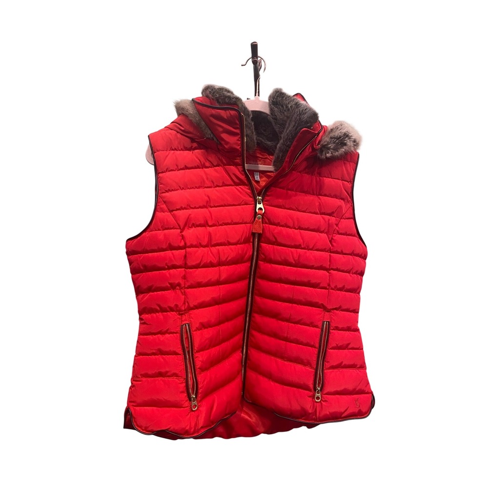 Joules Melbury Red Quilted Puffer Vest padded gile Faux Fur Hood Women sz US 12